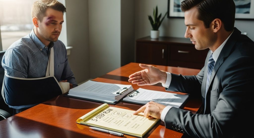 Injured man with arm in a sling discussing accident claim steps with a lawyer reviewing a 5-step legal plan.