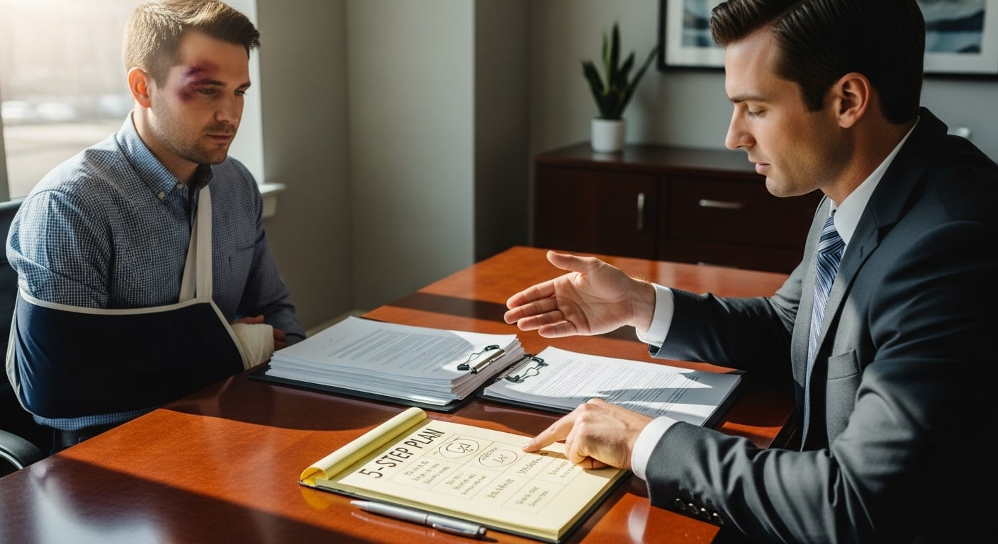 Injured man with arm in a sling discussing accident claim steps with a lawyer reviewing a 5-step legal plan.