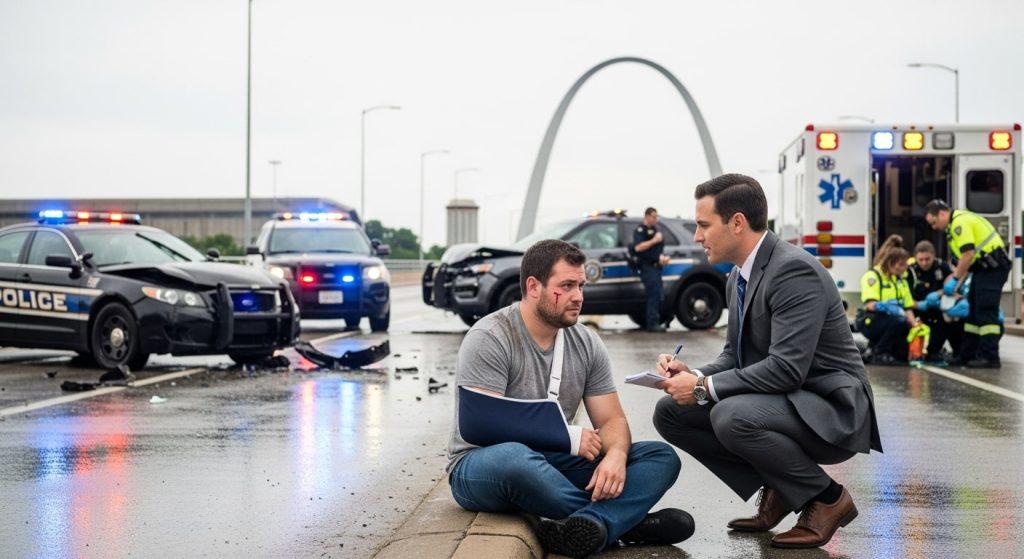 Injured car accident victim speaking with St. Louis accident lawyer on roadside with police cars, ambulance, and Gateway Arch in background.