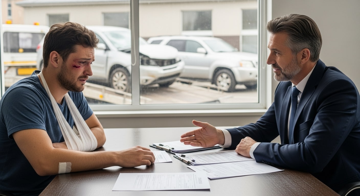Injured man with arm in a sling consulting a lawyer about a car accident claim inside an office.