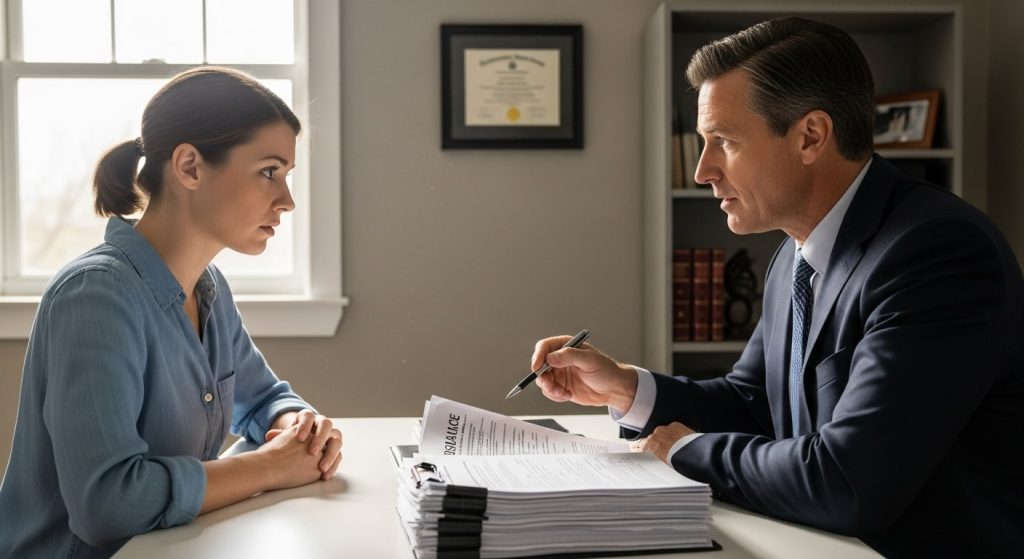 Woman discussing legal paperwork with a lawyer reviewing accident claim documents in an office.