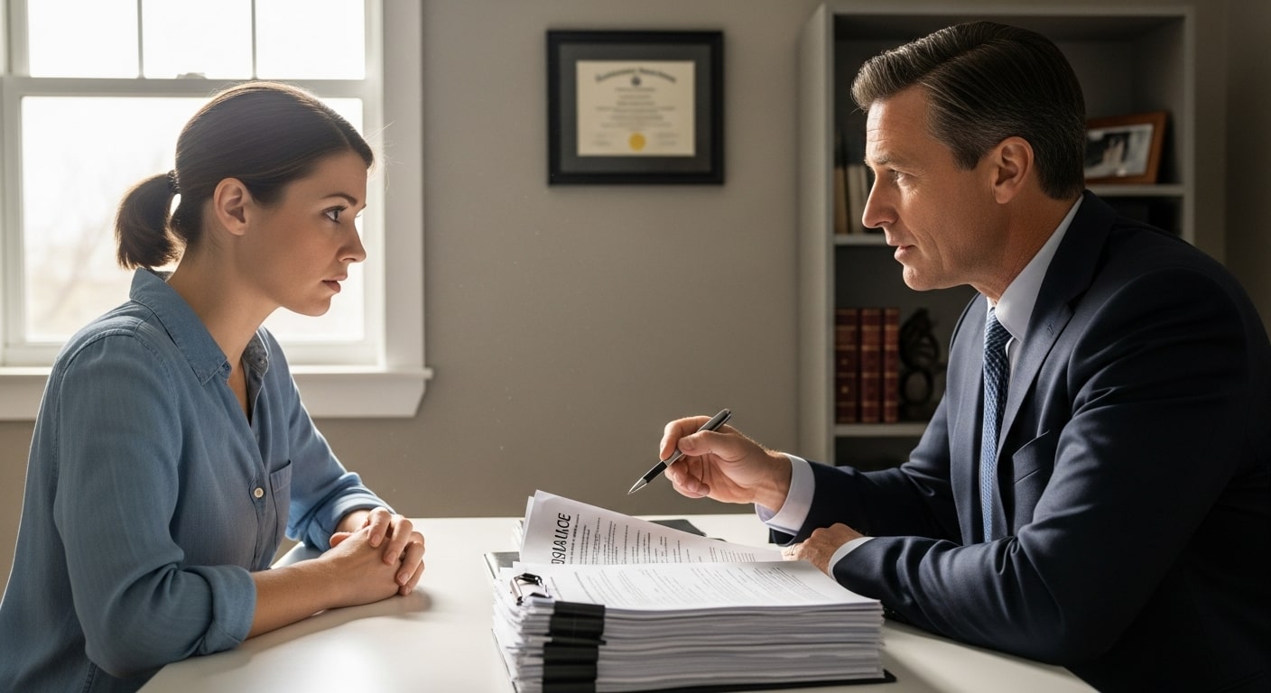 Woman discussing legal paperwork with a lawyer reviewing accident claim documents in an office.