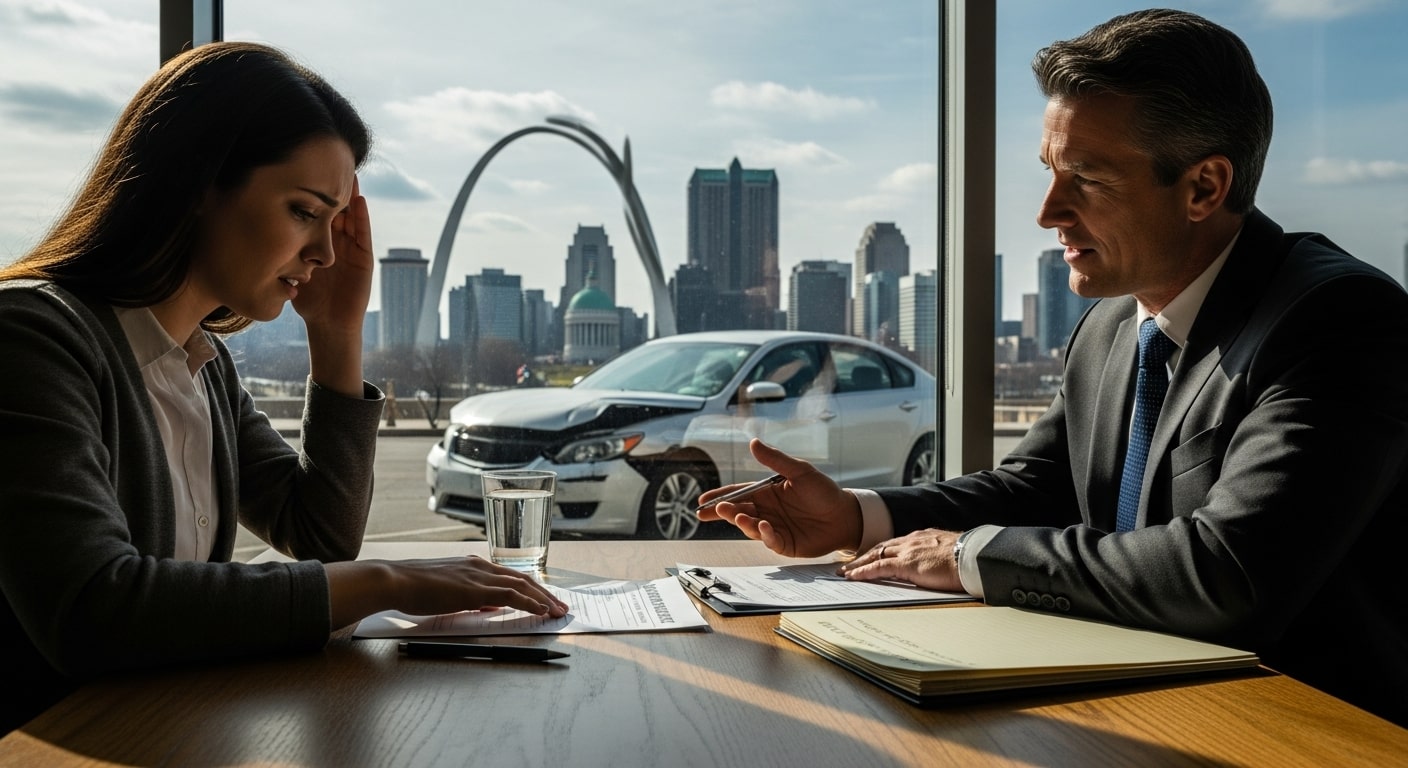 Car accident victim meeting with lawyer for insurance claim consultation with damaged car in background.