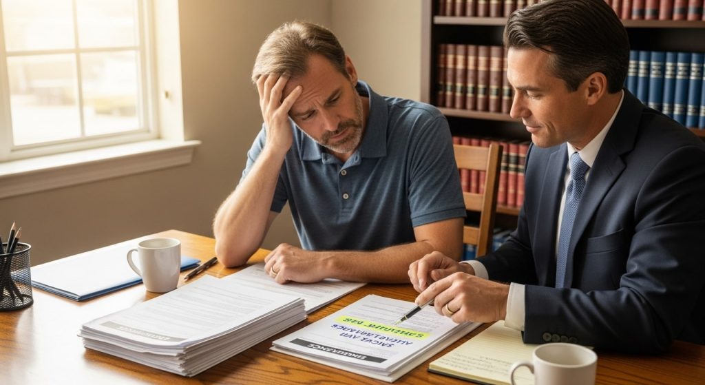 Stressed man reviewing accident settlement papers with a lawyer explaining claim details in a legal office.